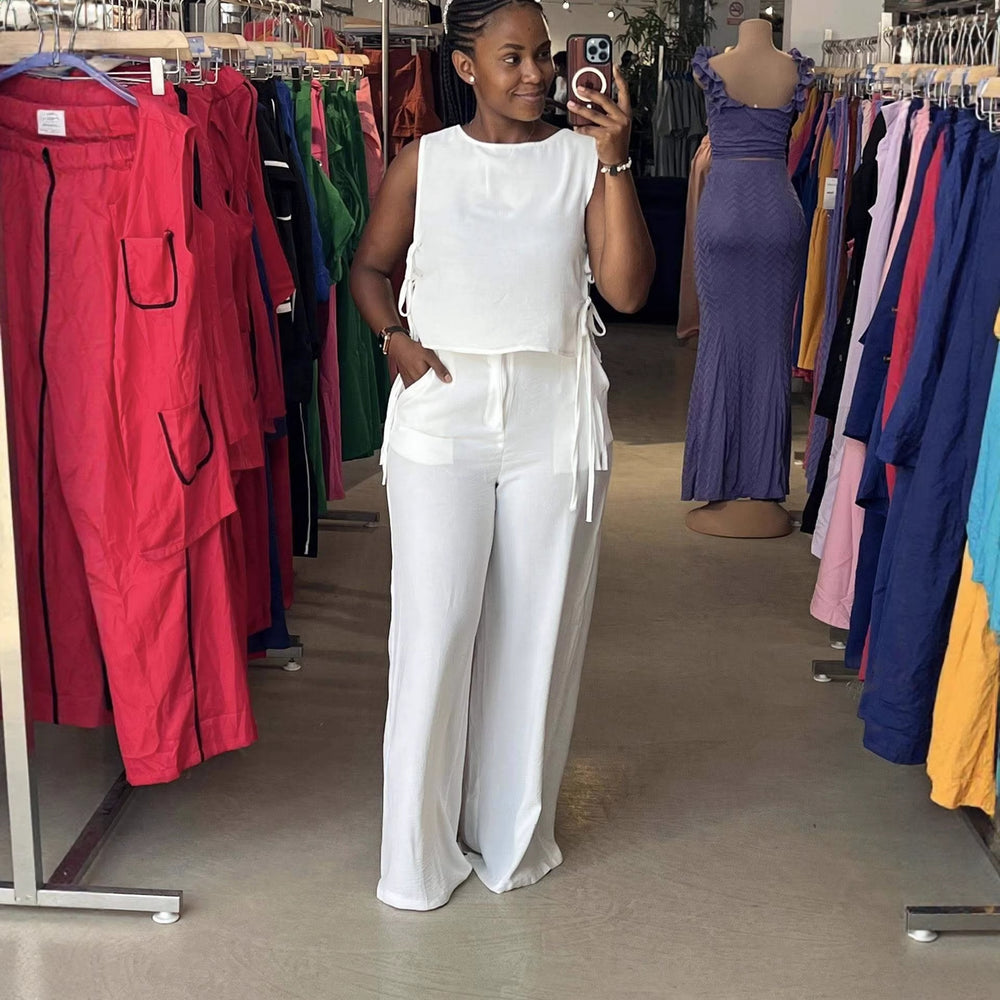 Fashion cross-border women's clothing  summernew arrivalelegant round neck drawstring sleeveless tops high waistpantscasualsuit