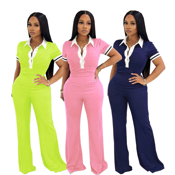 TW637 European beautiful women's spring and summer casual suit polo collar top high waist wide leg pants contrasting color casual two-piece set