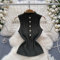 Classy sense of knittingtops women's elegant half turtleneck breasted silmshort stretch tight sleeveless vest bottom shirt