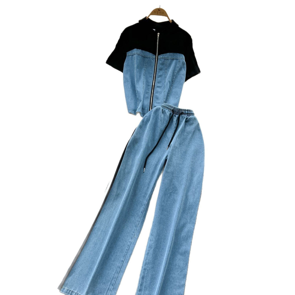 Women's two-piece tracksuit set: hong kong style retro casual faux two-piece short sleeve top with high-waisted patchwork denim wide-leg pants