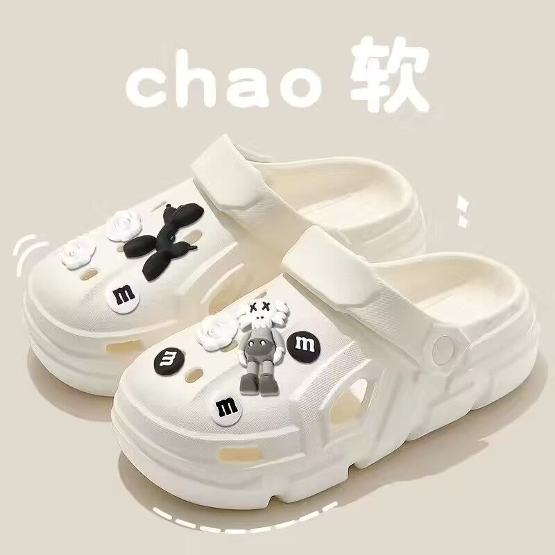 Women's clogs - summer cute cartoon outdoor fashion, new trendy anti-slip thick sole height increasing beach closed-toe half slippers