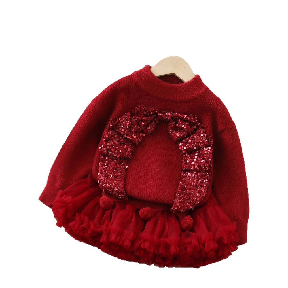 fall/winter new girls' sweater and tutu skirt set - handmade floral knit puffy skirt outfit for little girls