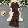 Korean style hollow-out age-defying set: women's loose-fit versatile crew neck short sleeve knit top + waist-defining bodycon fishtail midi skirt