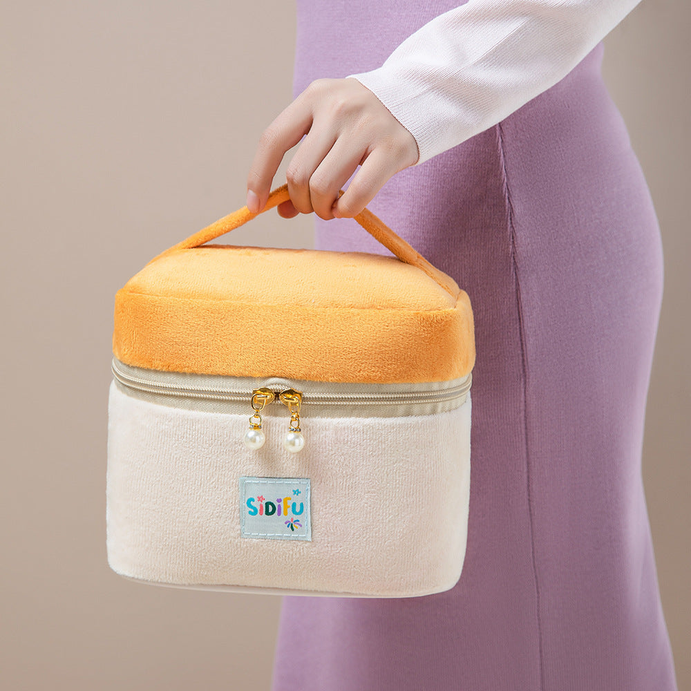 Stiff Contrast Color Cosmetic Bag Flannel Portable Storage Bag Travel Portable Wash Bag Large Capacity Partition Storage Bag