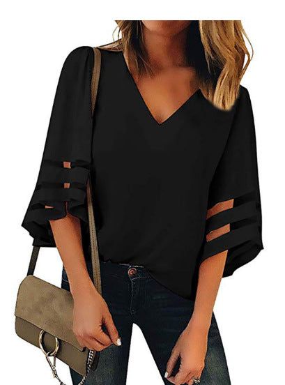 fashionplus size mesh patchwork women's v neck mesh bell sleeve loosetopsin stock