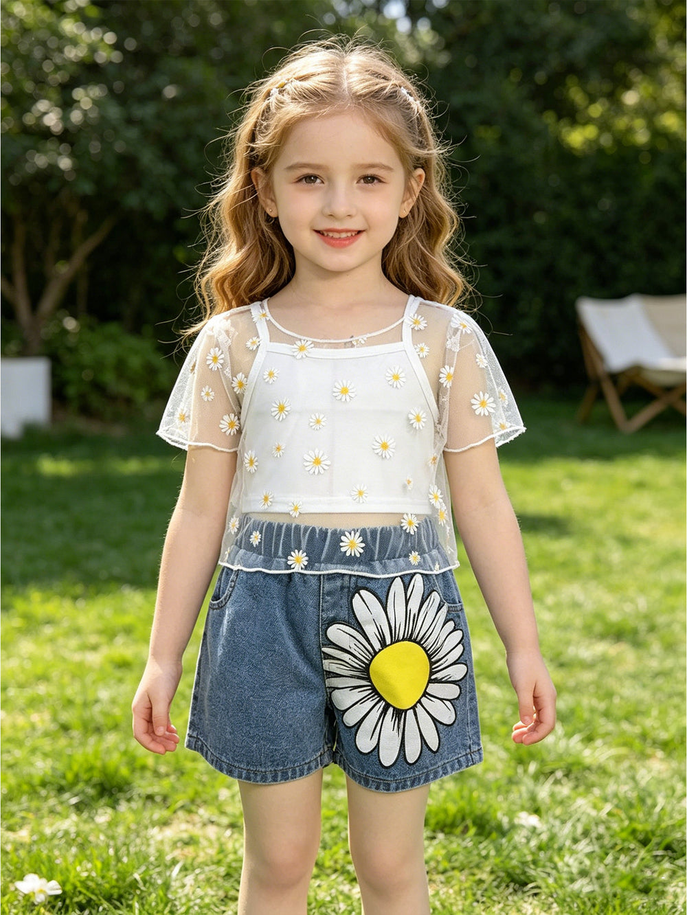 spring/summer european and american style girls' hollow-out cardigan, solid color camisole + sunflower print denim pants three-piece set