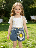 spring/summer european and american style girls' hollow-out cardigan, solid color camisole + sunflower print denim pants three-piece set