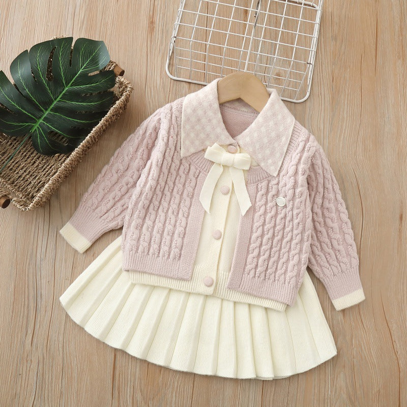 autumn new children's knit cardigan set - girls' preppy two-piece outfit