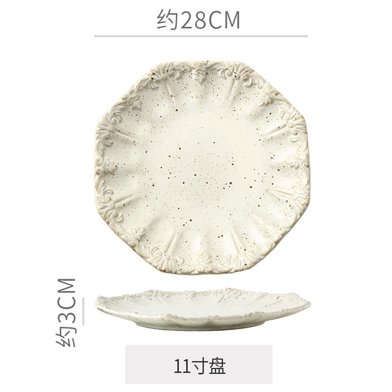 Embossed retro ceramic dinnerware set - french-inspired plates, high-end steak plates, dessert bowls, and rice bowls for home use