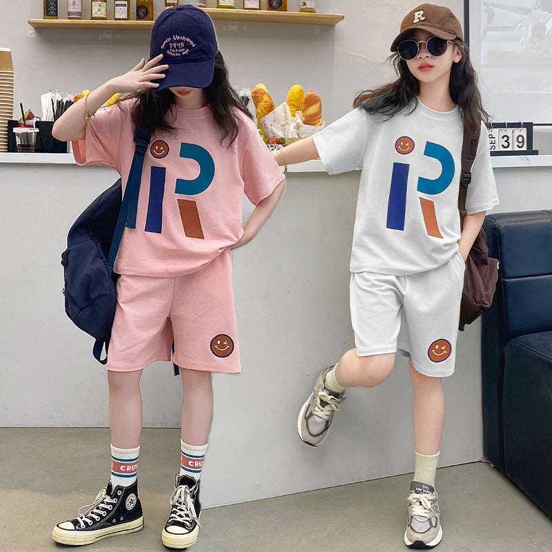 Girls' summer loose-fit short sleeve & shorts two-piece set -  new korean style girls' activewear top & shorts outfit
