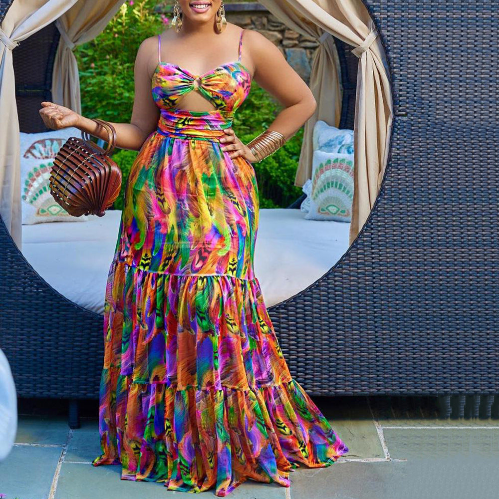 Y9335  cross-border summer new arrivals: european and american style sexy camisole dress - printed sleeveless backless maxi dress