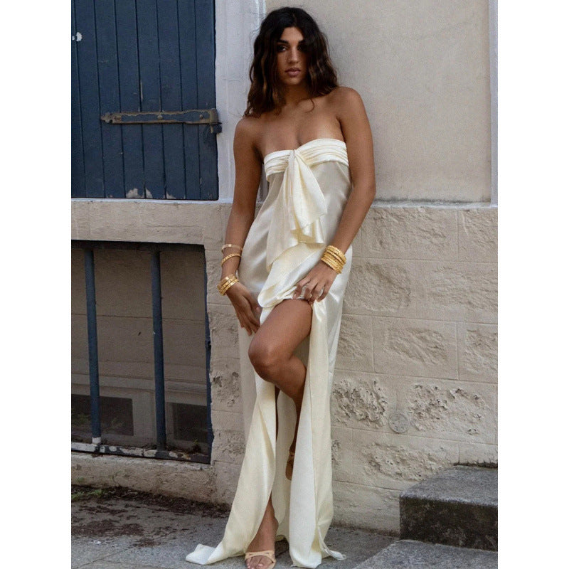 European and american women's clothing  summer new fashion elegant high-end satin slit off-the-shoulder bandeau dress