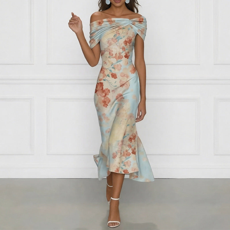 european and american women's summer new arrivals: elegant off-the-shoulder short sleeve printed maxi dress