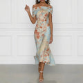 european and american women's summer new arrivals: elegant off-the-shoulder short sleeve printed maxi dress