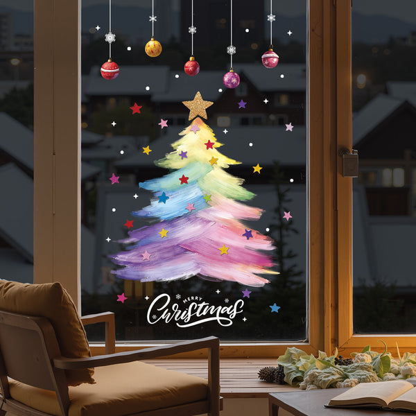 2026 Christmas Glass Decorative Stickers Colored Christmas Tree Crayons Static Window Removable Star Wall Stickers