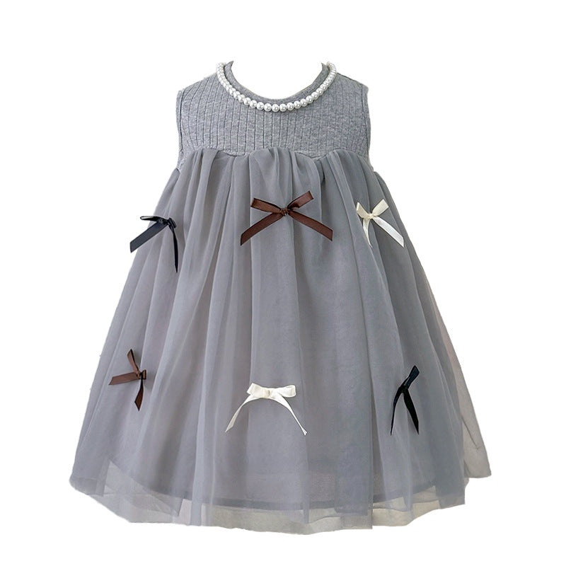 girls' summer dress,  sleeveless tank top mesh dress, baby bow princess dress