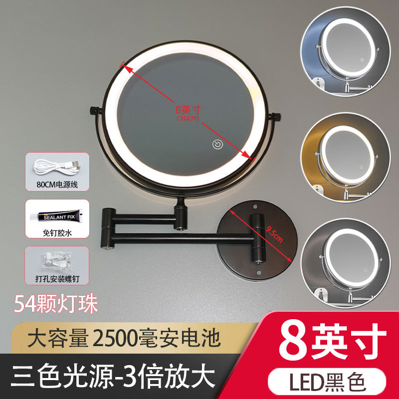 Wholesale cosmetic mirror led non-punching wall hanging folding lamp mirror hotel bathroom telescopic double-sided cosmetic mirror