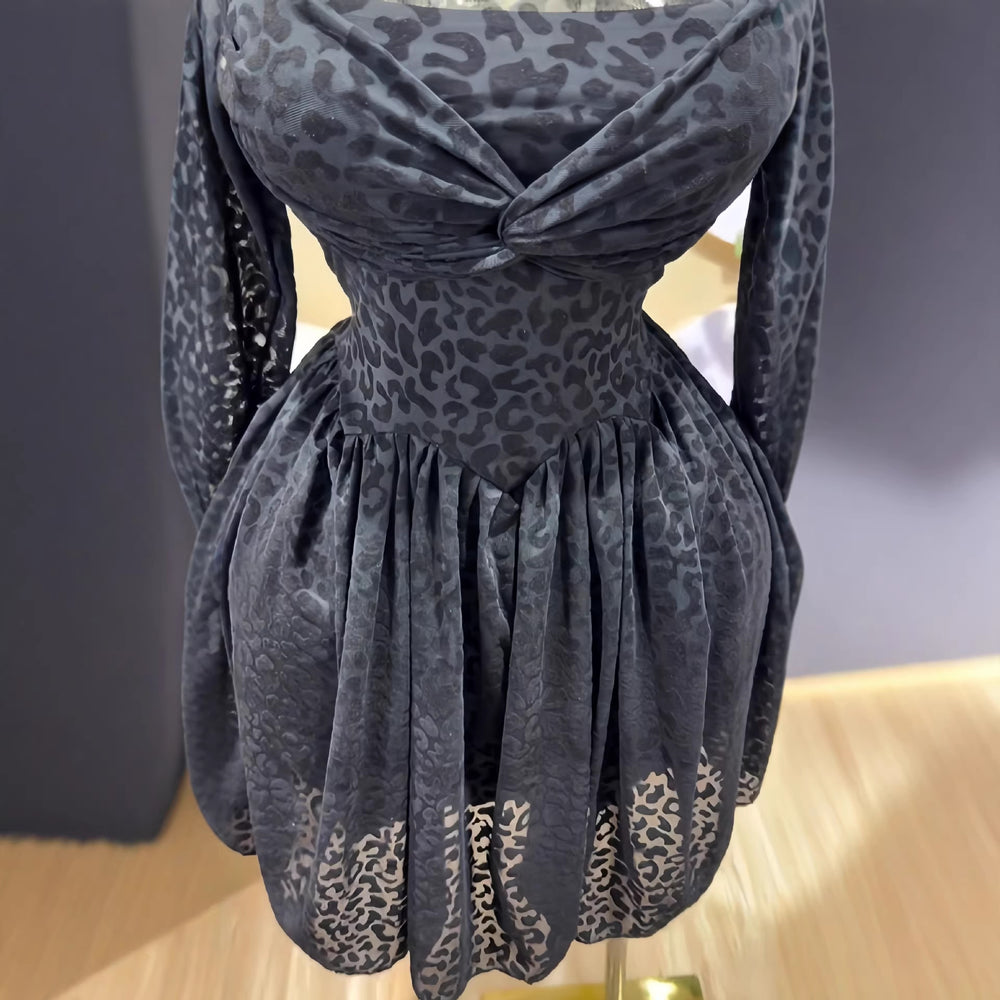 European and american cross-border women's fashion:  spring new arrival - solid color long sleeve stand collar sheer waist ruched mini dress