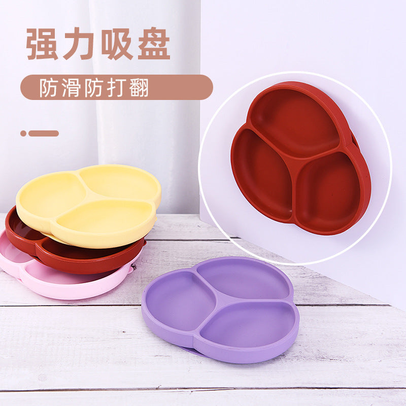 Food-grade silicone fork and spoon set, simple flower three-grid plate, non-slip silicone fork and spoon plate two-piece set