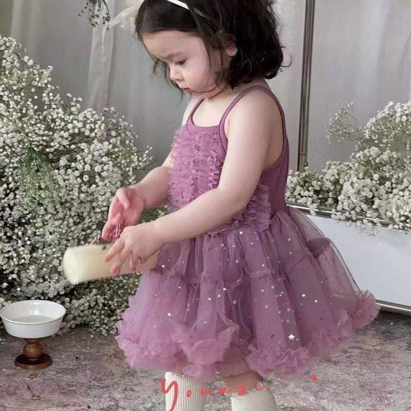 Girls' new summer purple spaghetti strap tulle dress - ethereal princess style, korean-inspired trendy summer outfit for toddlers and young girls