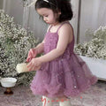 Girls' new summer purple spaghetti strap tulle dress - ethereal princess style, korean-inspired trendy summer outfit for toddlers and young girls