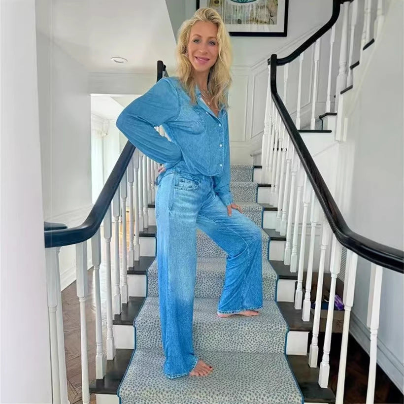 european and american cross-border   independent station slim fit stretch loose washed long sleeved denim shirt for women