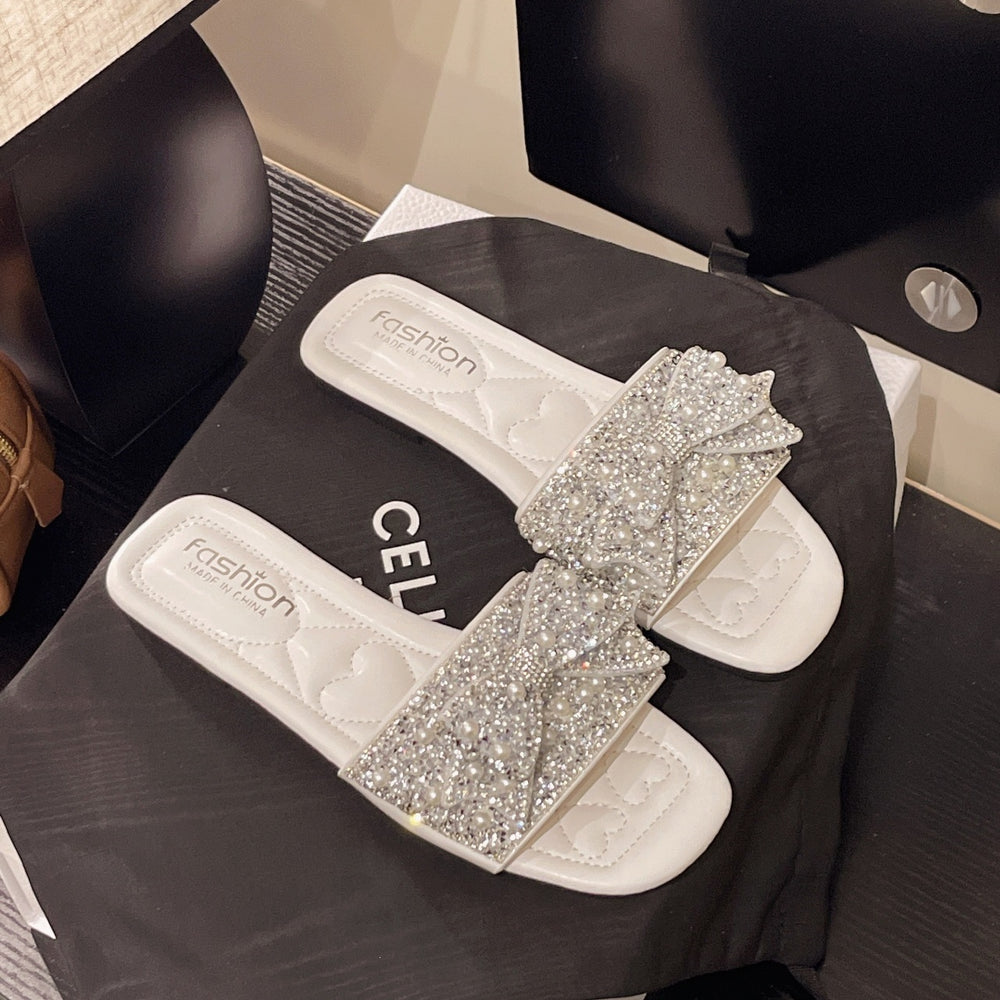Export  summer new korean style pearl rhinestone flat sandals women's outdoor wear one-strap slippers plus size sandals