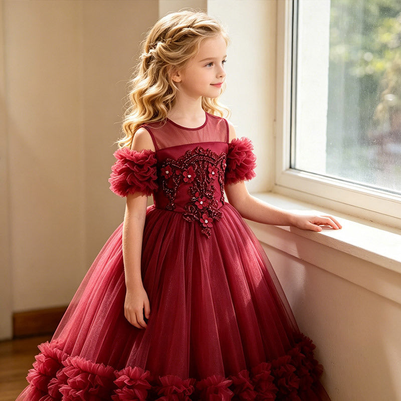 girls' red high-end formal dress, little girl's dress, holiday performance costume, kids' stylish puffy tutu skirt