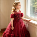 girls' red high-end formal dress, little girl's dress, holiday performance costume, kids' stylish puffy tutu skirt