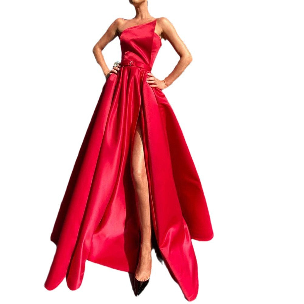 spring/summer new arrivals: cross-border  fashion - european & american style women's one-shoulder bandeau sexy slit maxi dress