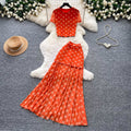 Korean style commute chic red polka dot two-piece set: women's summer short-sleeve top & high-waisted pleated skirt - slimming and elegant outfit