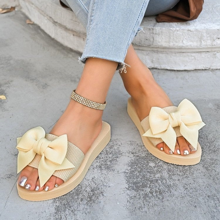 Summer new indoor casual comfort lightweight home slippers linen bowknot flip-flops flat non-slip sandals