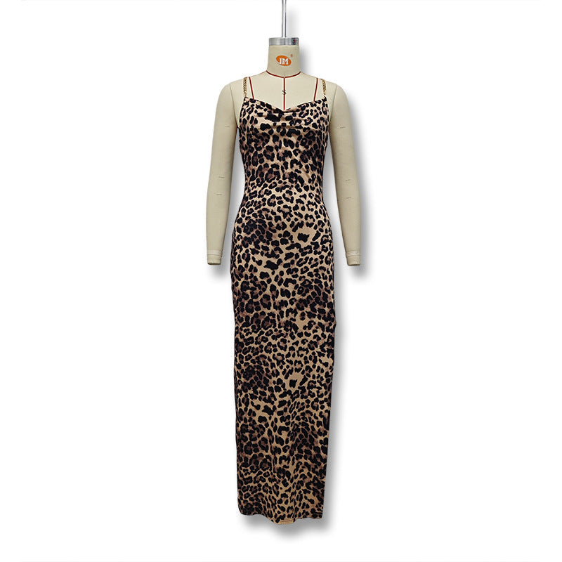 European and american women's clothing  summer new fashion printed slim-fit backless chain strap midi dress - wholesale from manufacturer
