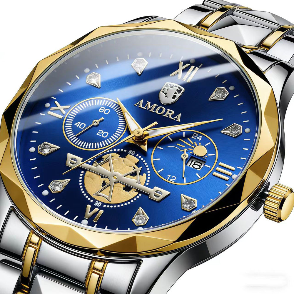 Dropshipping diamond-accented calendar multifunctional moon phase trendy fashion quartz men's watch waterproof luminous men's watch
