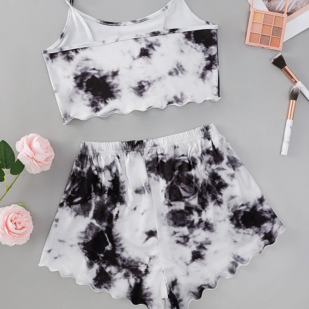 New women's tie-dye loungewear set for export: english "dream" print cami top and tie-dye shorts