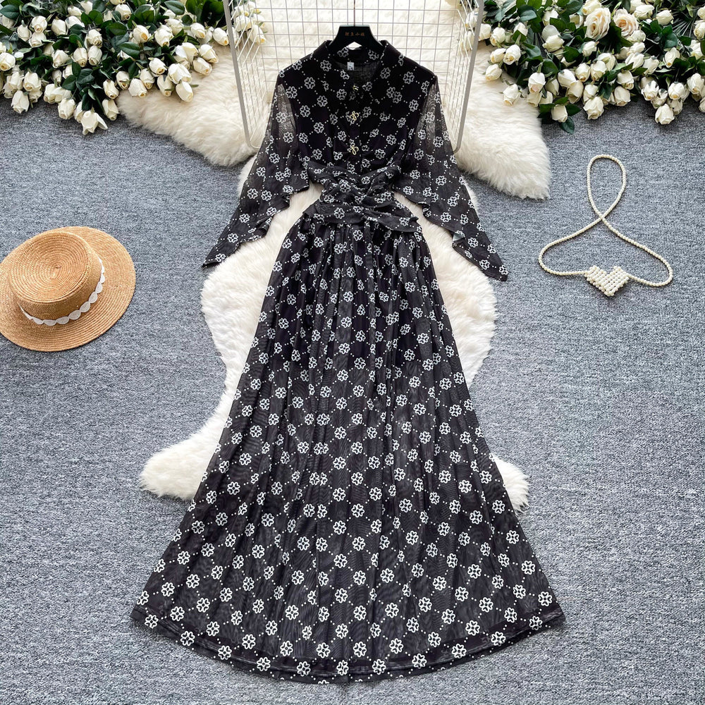 Vintage polka dot dress women's printed summer red high waist cinched waist tie waist slimming elegant long dress french elegance