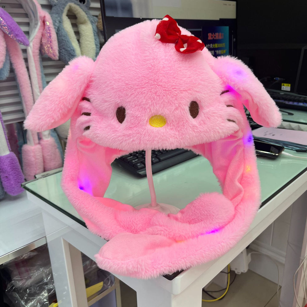 Matching family plush hat - cartoon rabbit with moving ears & airbag pressing - glow-in-the-dark night market trending style