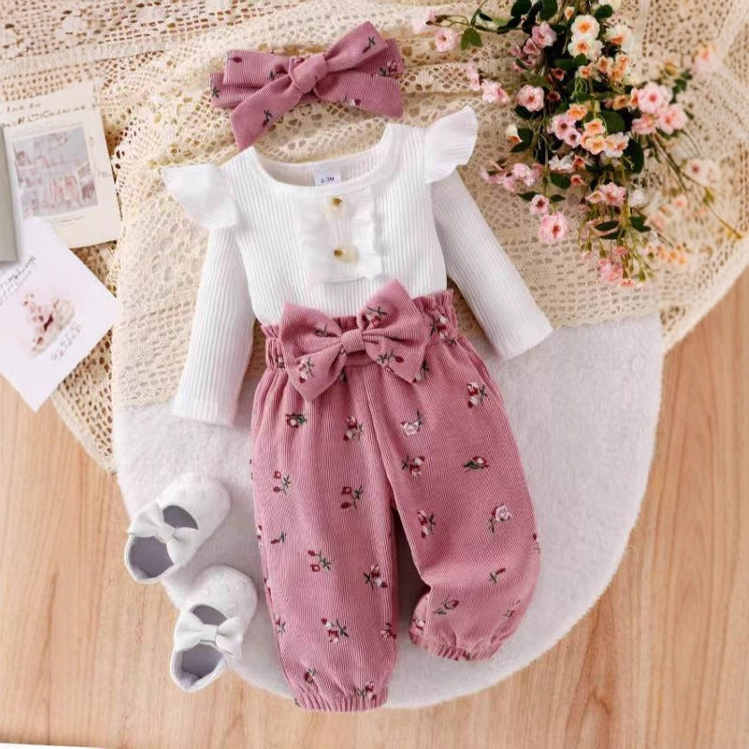 export  autumn new arrival: white flutter sleeve knit top, pink floral print joggers with drawstring, and belt - 3-piece set