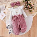 export  autumn new arrival: white flutter sleeve knit top, pink floral print joggers with drawstring, and belt - 3-piece set