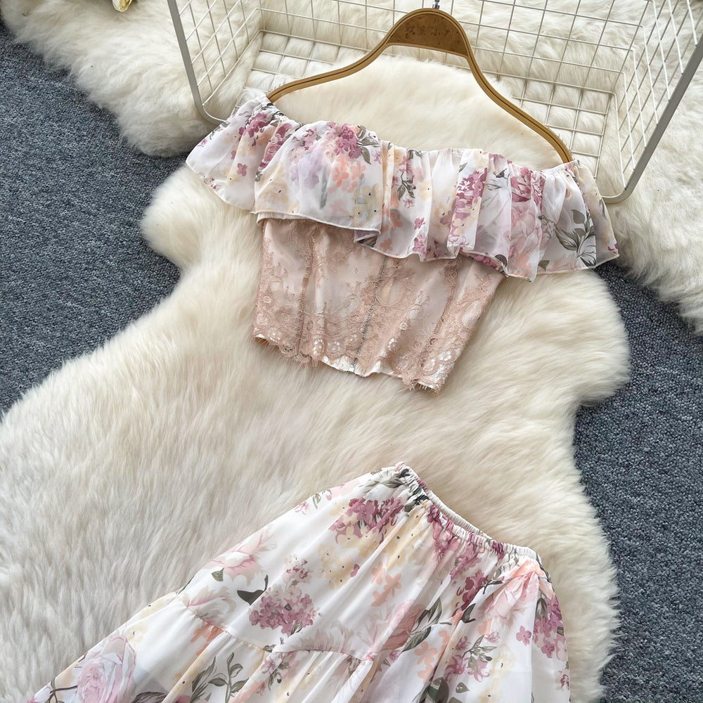 Frenchromantic style one shoulder floral pure desire two-piece set women's summer light mature ruffles cake skirt slimming looksuit