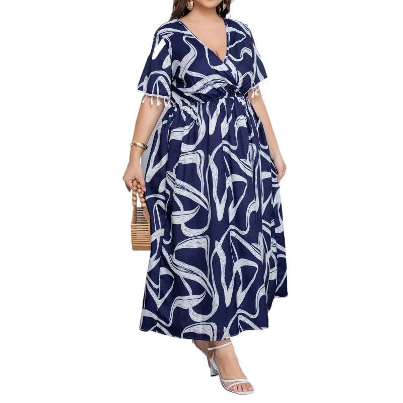 plus size cross-border new arrival  women's original elegancev neckprintingdress cuff flow