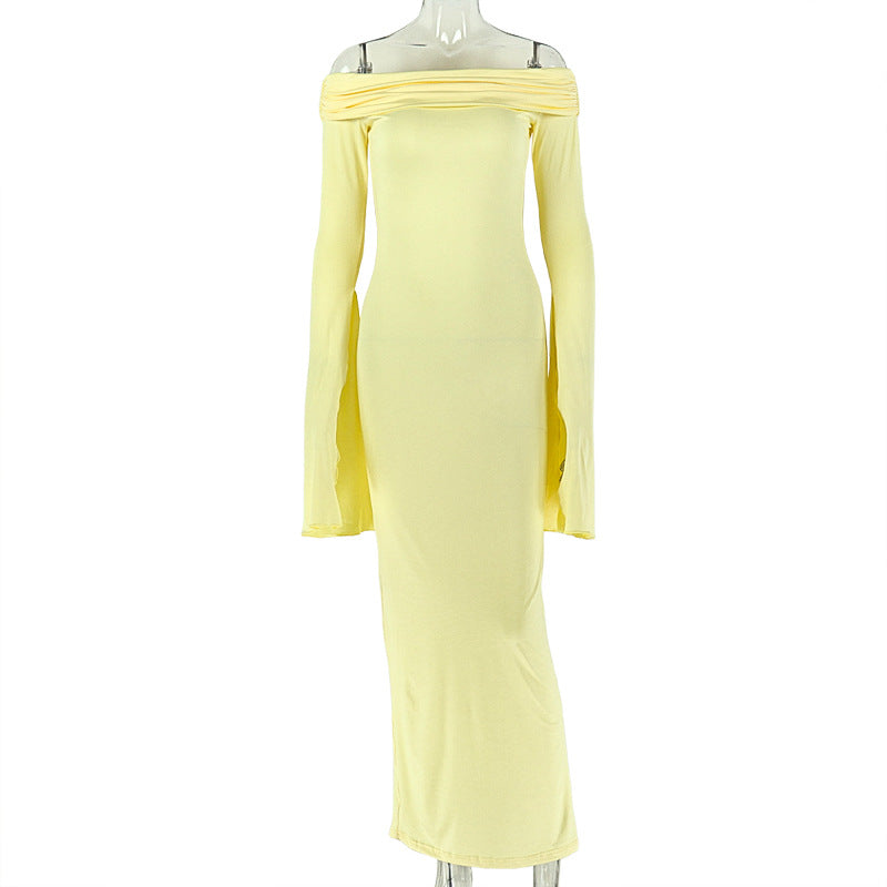 Fashion style cross-border elegant women's one-piece collar waist off-shoulder hip skirt close-fitting slit long sleeves new dress
