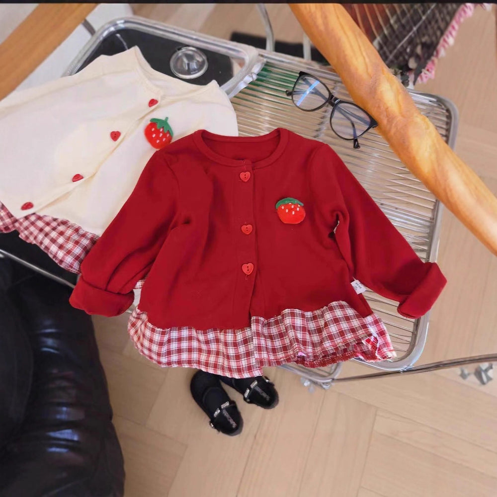 【dropshipping】 autumn new arrivals: adorable girls' strawberry plaid lace-trimmed skirted cardigan top