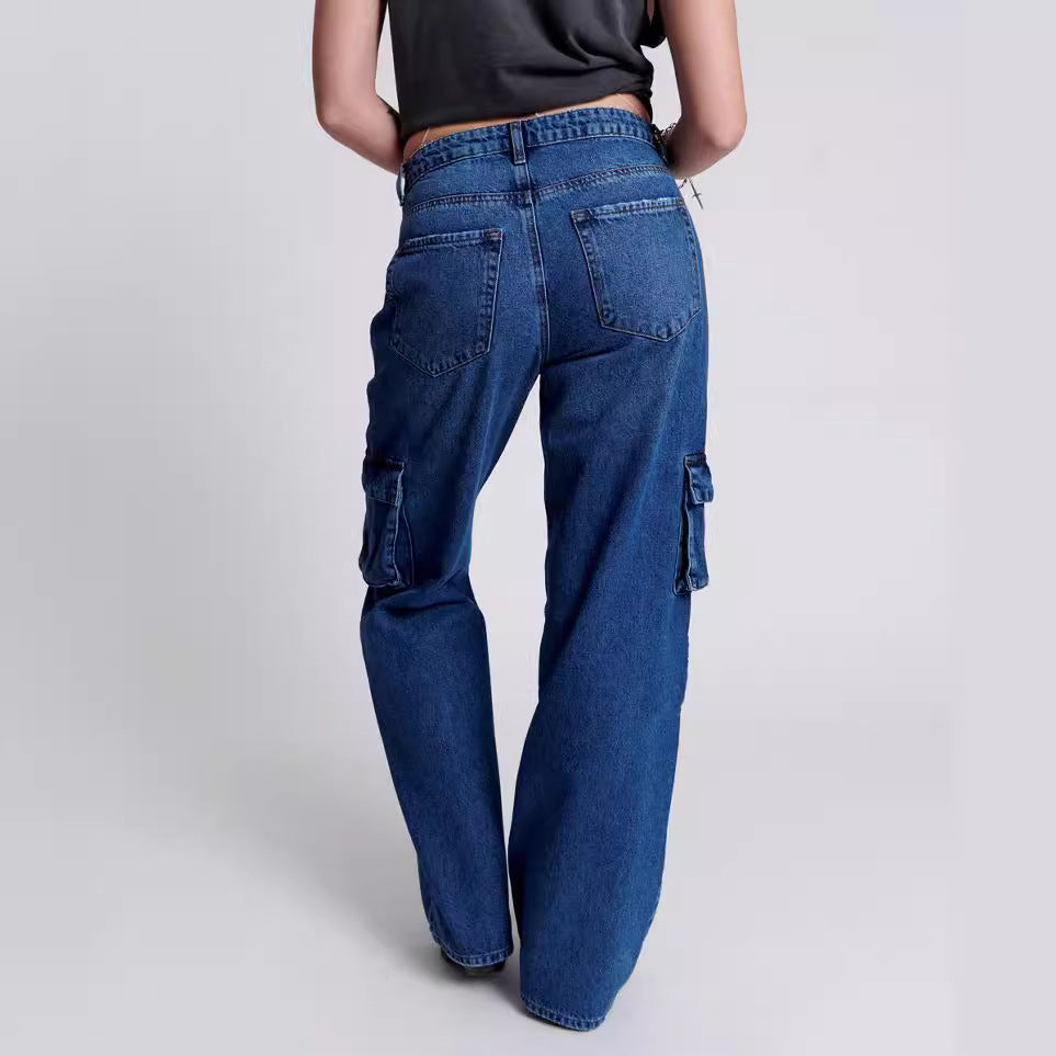 Temu multi-pocket jeans women's european and american washed workwear pants y2k style loose streetwear trendy jeans