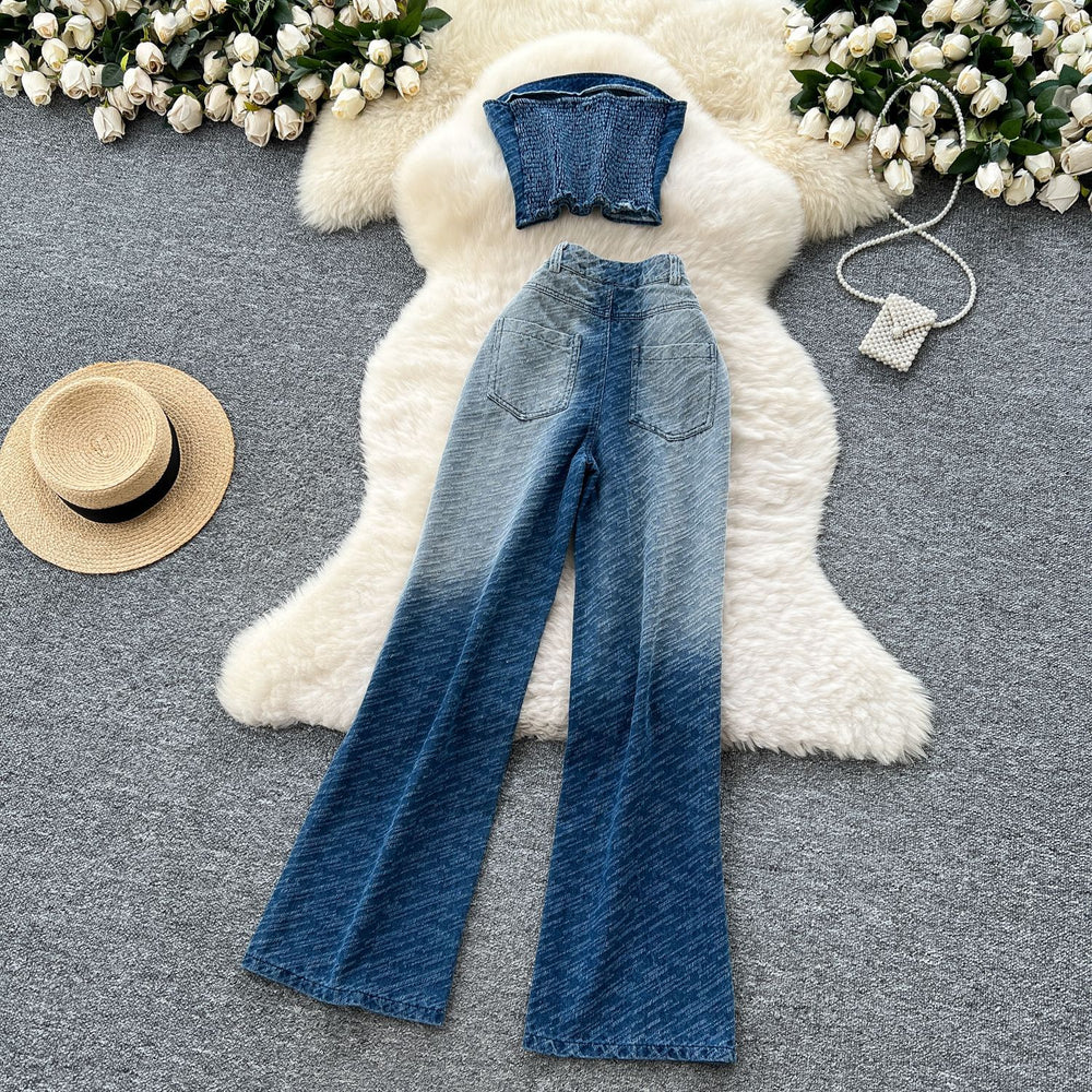 Hong kong style casualsuit women's summerclassy sense gradient color sleeveless tube top vest high waist denim wide-leg straight-leg pants