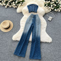 Hong kong style casualsuit women's summerclassy sense gradient color sleeveless tube top vest high waist denim wide-leg straight-leg pants