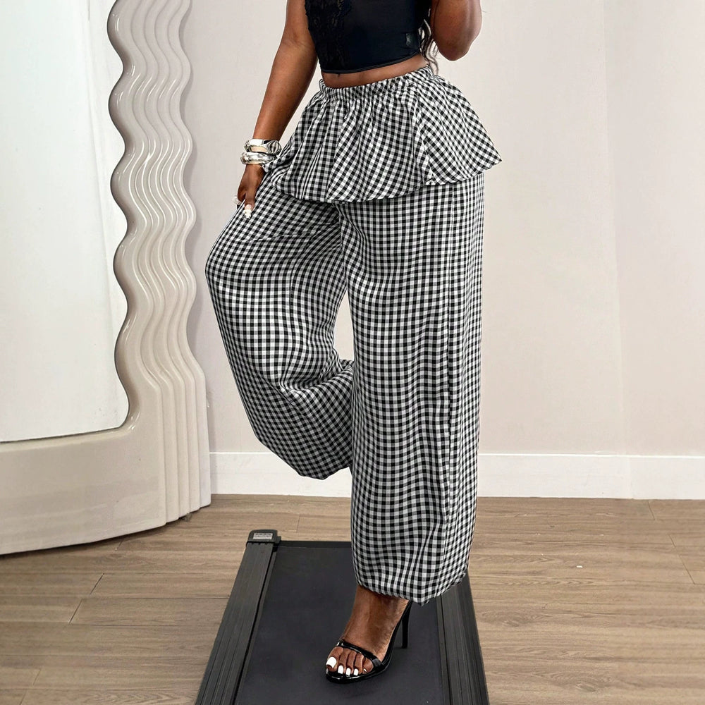 Amazon  spring/summer new fashion plaid high-waisted wide-leg joggers with elastic ankle cuffs