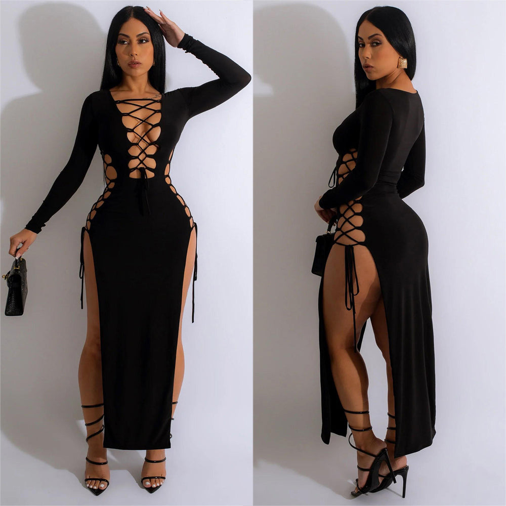 C6237 cross-border   fashion women's solid color drawstring slit long sleeve maxi dress