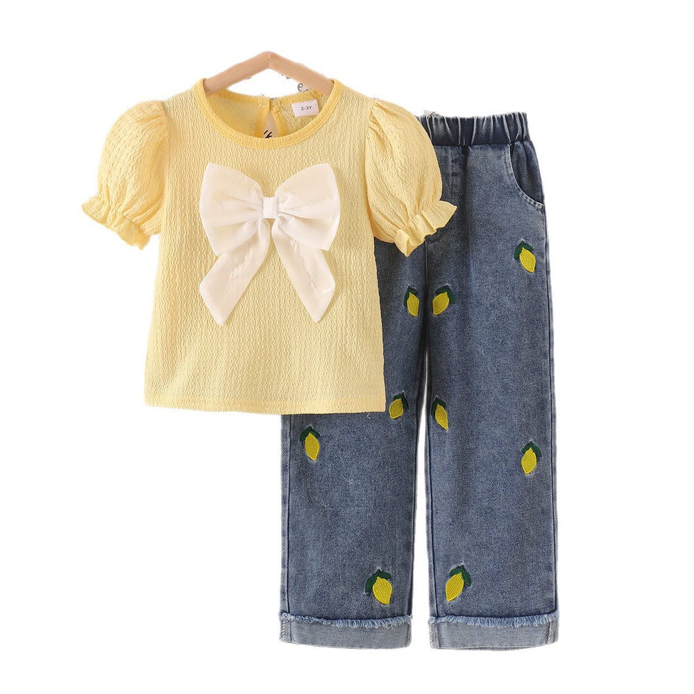 Children's clothing shein cross-border girl suit yellow short-sleeved top + blue pants