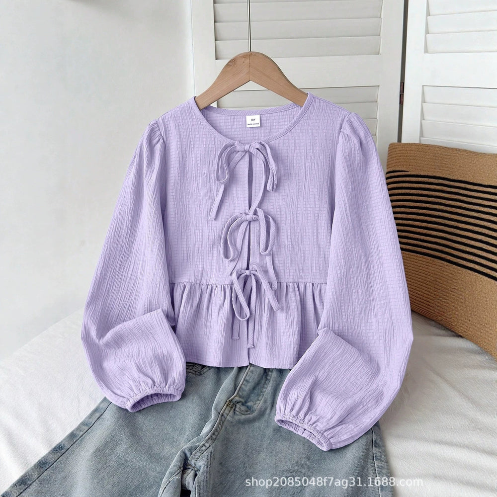 european and american women's clothing, new trendy, fashionable, sweet, casual, tie-up, round neck, puff sleeve, long-sleeved shirt